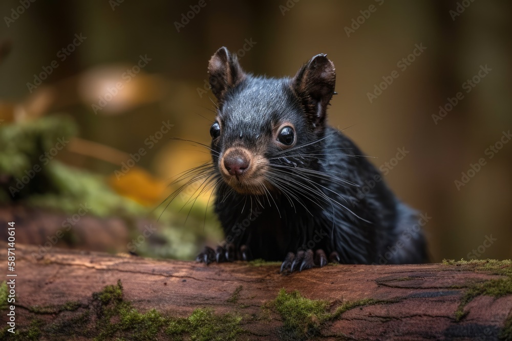 A rare, adorable Black Squirrel (Scirius carolinensis) looks from a log in a UK woodland. Generative AI A rare, adorable Black Squirrel (Scirius carolinensis) looks from a log in a UK woodland. Generative AI