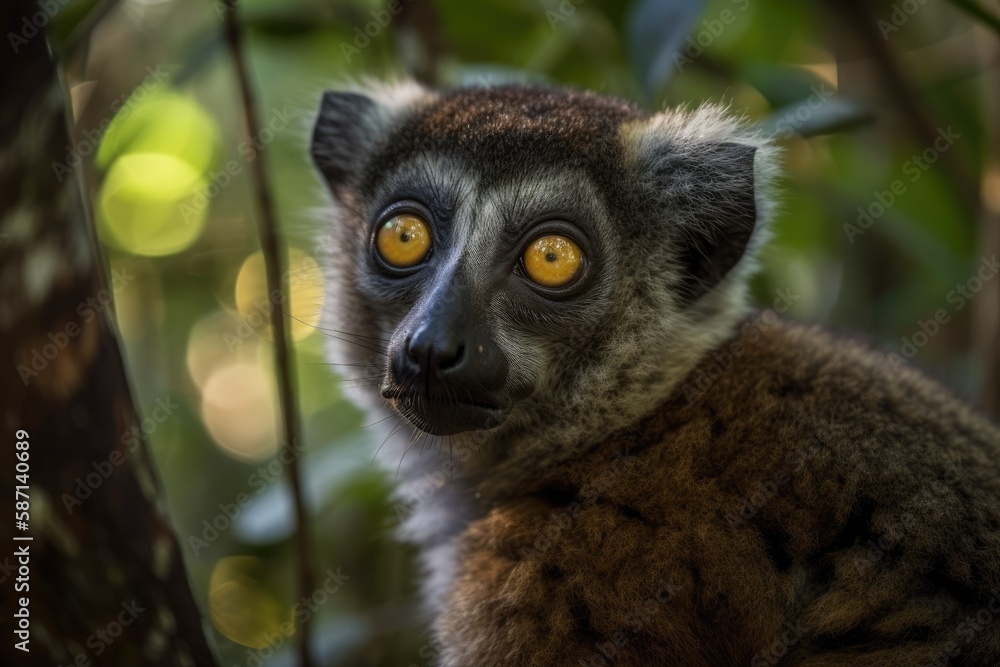 Obraz premium In his natural habitat, an endangered Woolly Lemur may be seen hanging to a tree up close. His stunning eyes were fixed on the camera. Camp Saha Forest, Madagascar. Generative AI