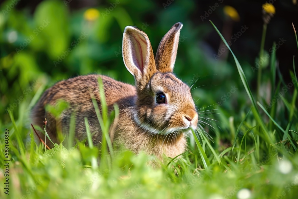 Fototapeta premium a brown bunny in the morning grass. Generative AI