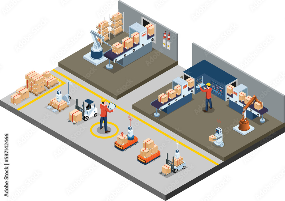3D isometric automated warehouse robots and Smart warehouse technology Concept with Warehouse Automation System and Autonomous Robot Transportation operation service. 