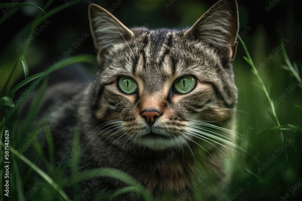 A kitty portrait amid green grass. Animal. Generative AI
