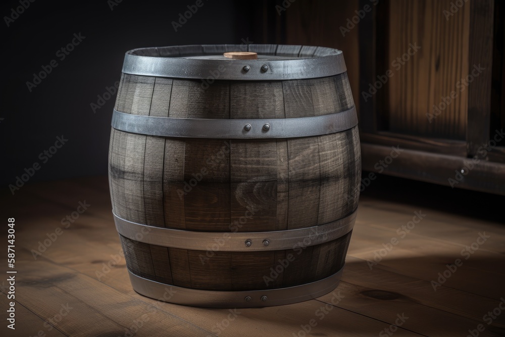 wooden barrel resting on a wooden floor. Generative AI wooden barrel resting on a wooden floor. Generative AI