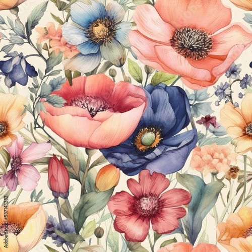 Wallpaper Mural Seamless Hand-Painted Watercolor Flowers Texture Torontodigital.ca