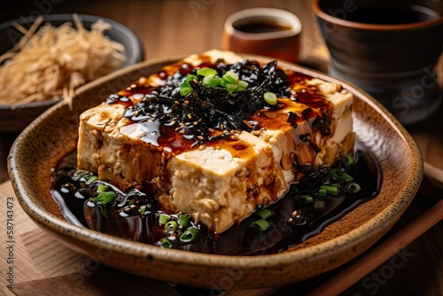 Delicious Taiwanese cuisine with soy sauce and bonito flakes on top that includes chilled tofu and century eggs. Generative AI