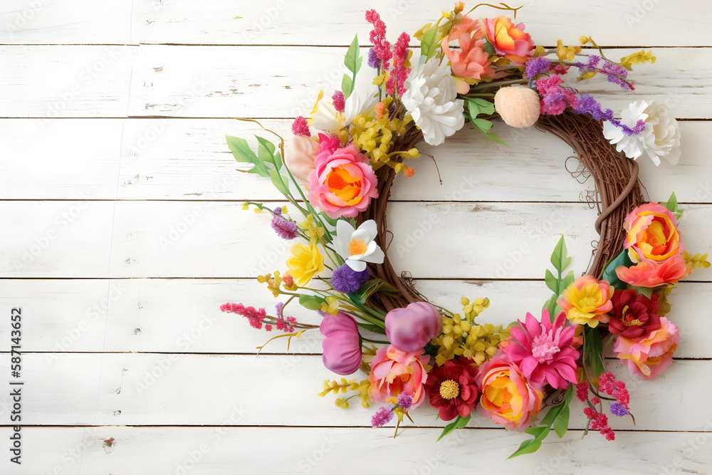 Fototapeta premium a floral wreath on a white wooden background