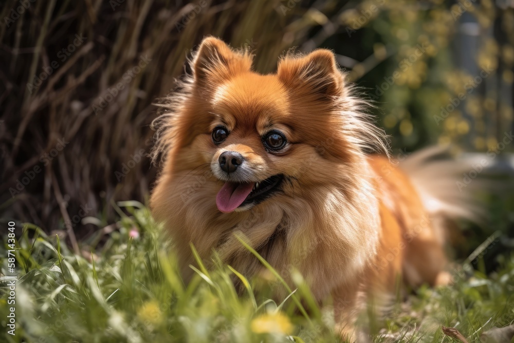 Pomeranian Dog Playing on a Sunny Day. Generative AI Pomeranian Dog Playing on a Sunny Day. Generative AI
