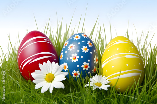 Caption a group of colorful easter eggs in a grass nest 