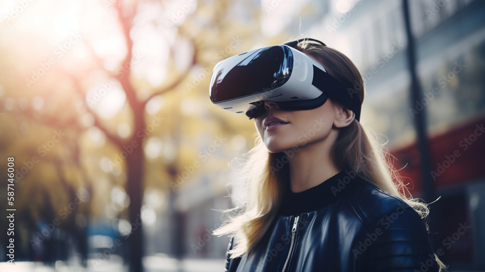 girl with VR goggles on outdoors girl with VR goggles on outdoors