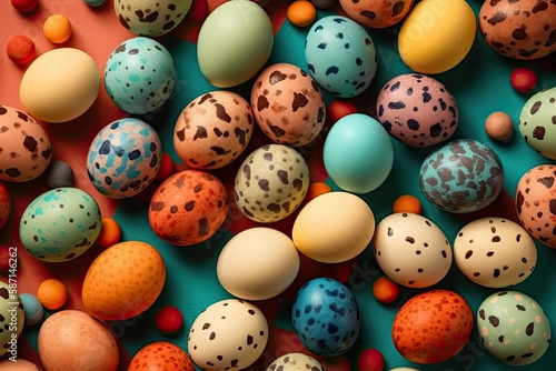 colorful Easter eggs arranged on a blue background. Generative AI