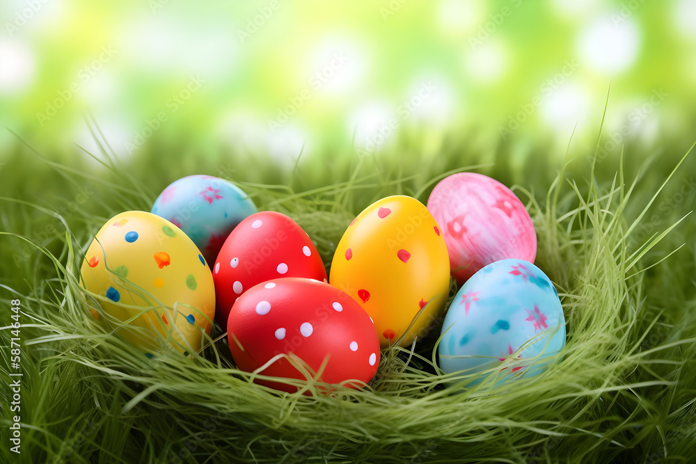 Caption a group of colorful easter eggs in a grass nest 