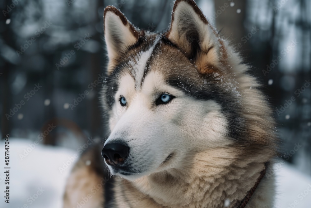 Snowy winter portrait of a wolf husky. Generative AI