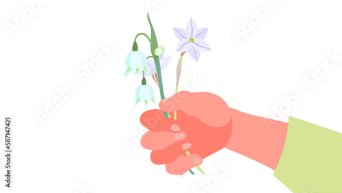 花（スノーフレークとハナニラ）を持つ手。フラットなベクターイラスト。
A hand holding flowers (spring star and summer snowflake). Flat designed vector illustration.
