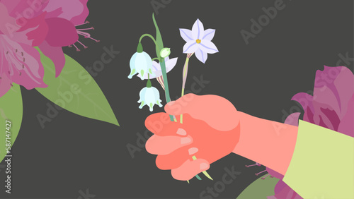 花を持つ手。フラットなベクター背景イラスト。
A hand holding flowers. Flat designed vector background illustration.