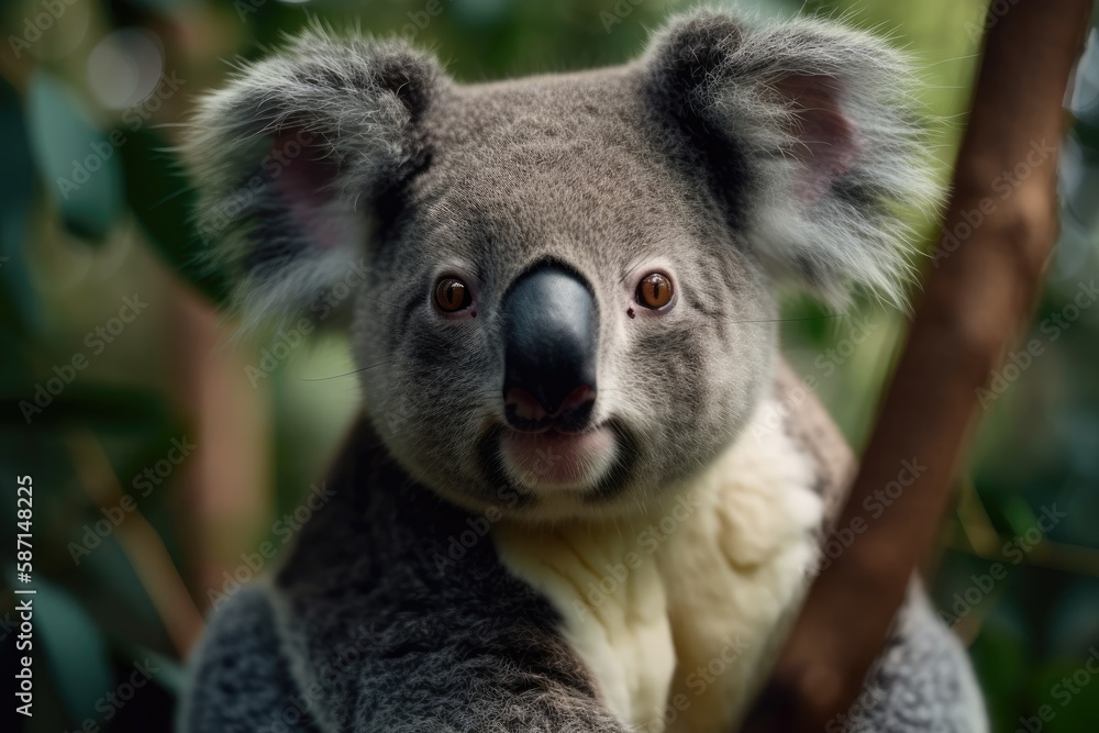 Naklejka premium curious Koala sitting in a tree and making eye contact with the viewer. Generative AI