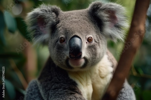 curious Koala sitting in a tree and making eye contact with the viewer. Generative AI