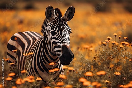 Zebra eating in a flower field. Generative AI
