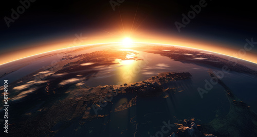 Sunrise over a planet from orbit by generative AI