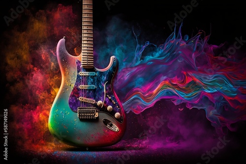 Electric guitar art background with vivid colorful explosive smoke