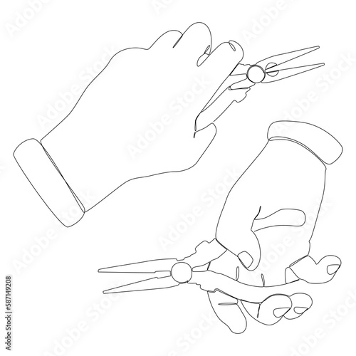 One continuous line of hand holding pliers. Thin Line Illustration vector concept. Contour Drawing Creative ideas.