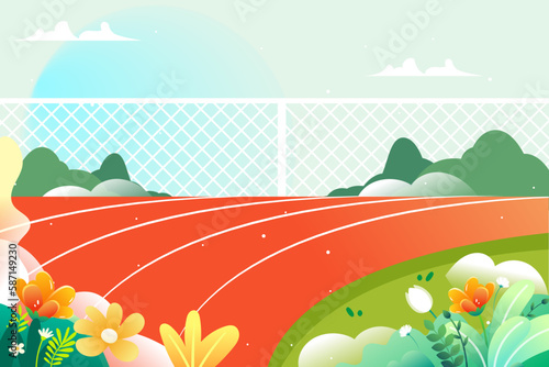 People running for fitness to lose weight, running track and plants in the background, vector illustration