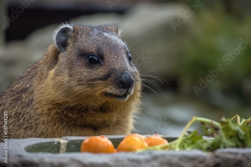 Hyrax at the carrot trough in the Cottbus Animal Park. Generative AI photo