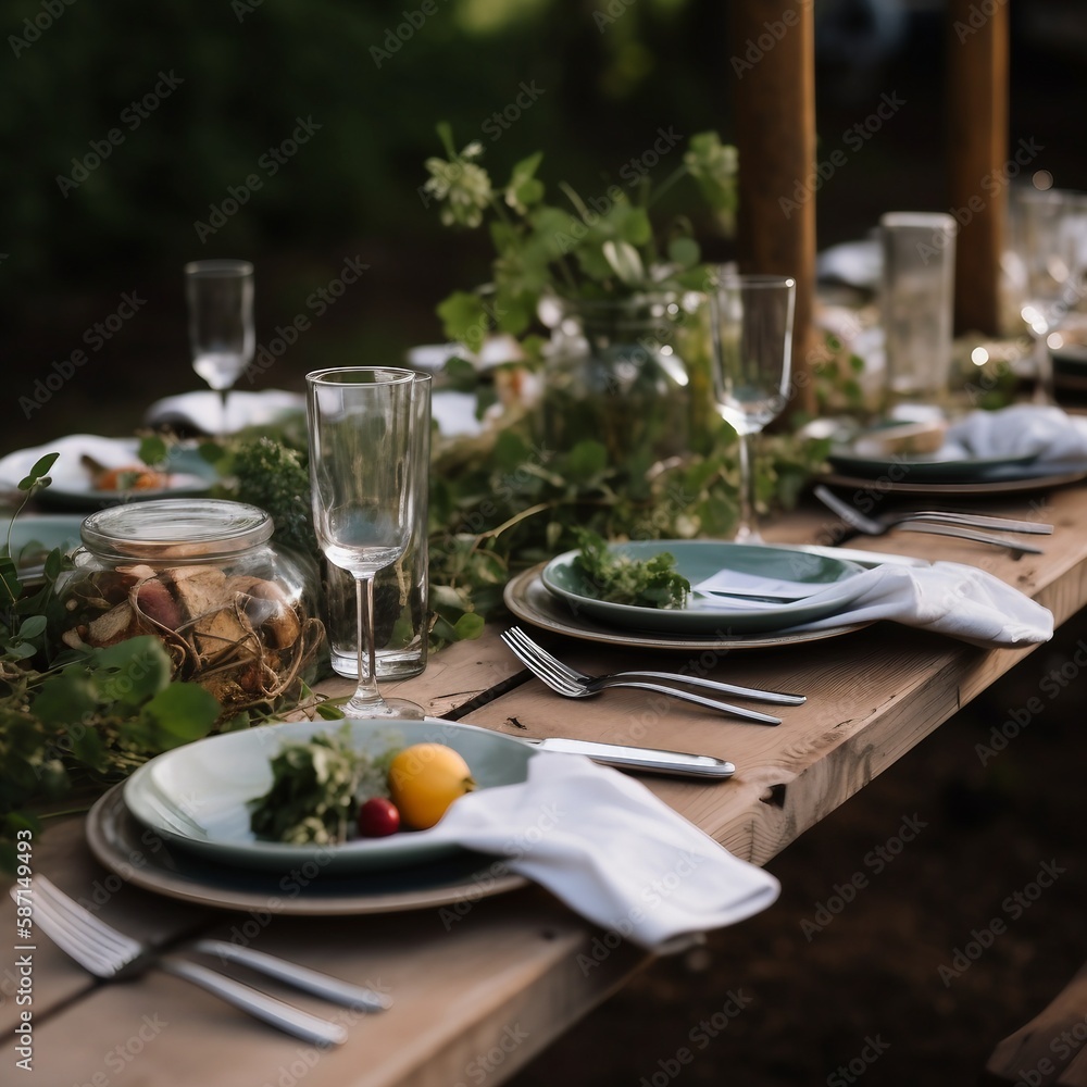 banquet table made in a spring field with beautifully displayed settings, ai generated
