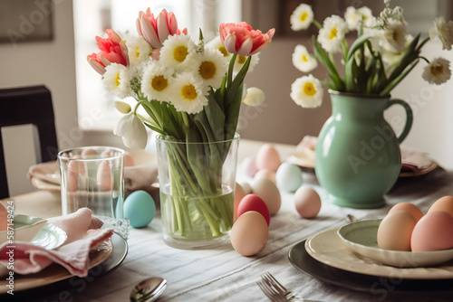 a table with a vase filled with flowers and eggs 