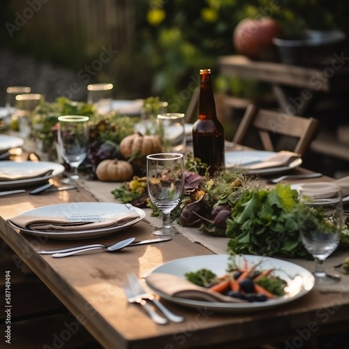 banquet table made in a spring field with beautifully displayed settings  ai generated