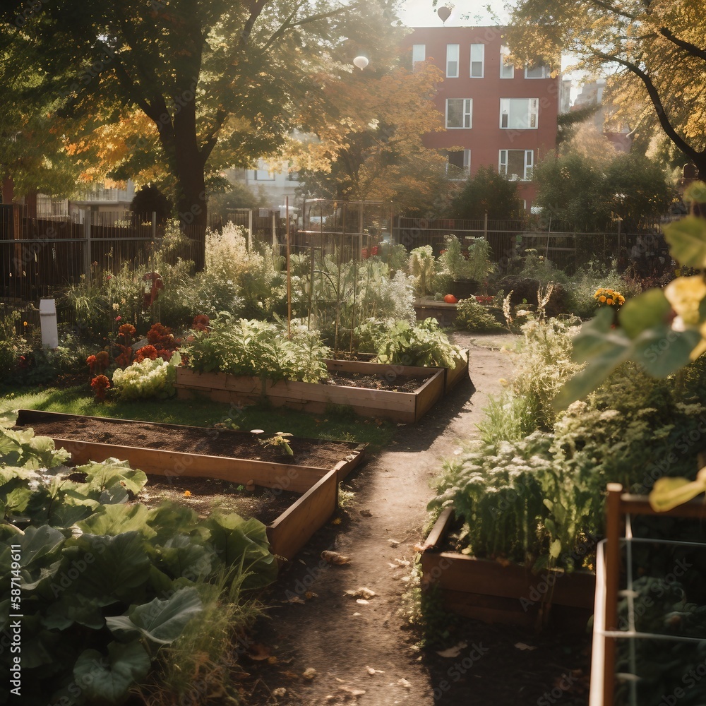 Obraz premium smamazing garden in backyard of a house in a neighborhood, local garden, local sourced vegetables, ai generated