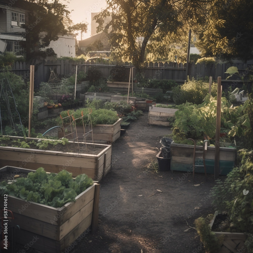Obraz premium smamazing garden in backyard of a house in a neighborhood, local garden, local sourced vegetables, ai generated