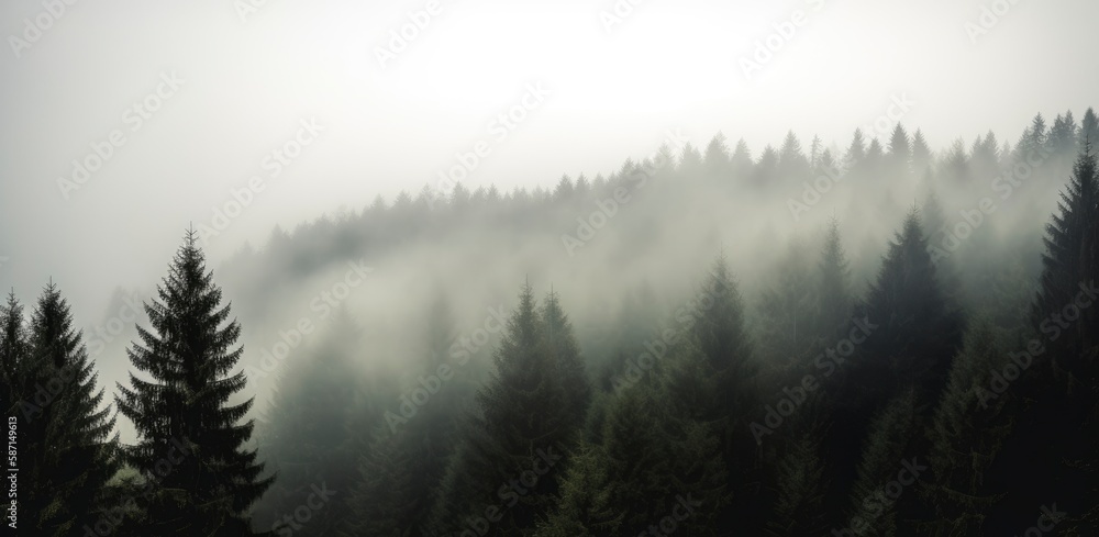 A foggy forest with a mountain in the background. Generative AI A foggy forest with a mountain in the background. Generative AI