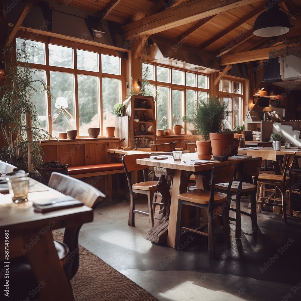 beautiful restaurant in the forest. wooden interior with plants and windows, old time feeling, ai generated beautiful restaurant in the forest. wooden interior with plants and windows, old time feeling, ai generated