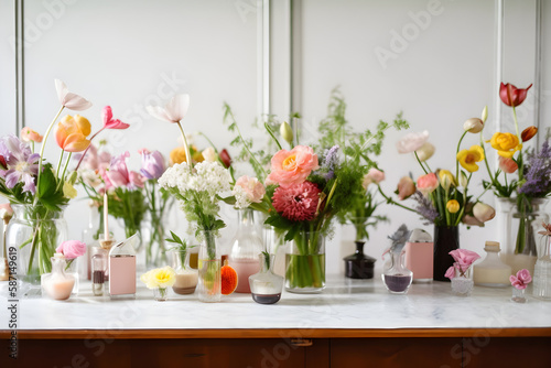 a table topped with lots of vases filled with flowers 