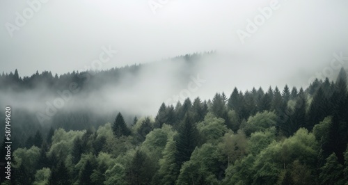 A foggy forest with a mountain in the background. Generative AI © Catrat