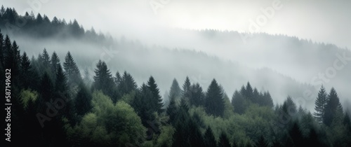 A foggy forest with a mountain in the background. Generative AI © Catrat