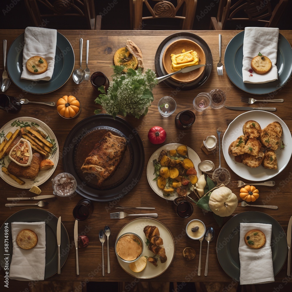 a displkay of seasonal goodies and ingredients on a well displayed table with many dishes and plants, ai generated a displkay of seasonal goodies and ingredients on a well displayed table with many dishes and plants, ai generated
