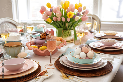 a table set for a fancy easter dinner 
