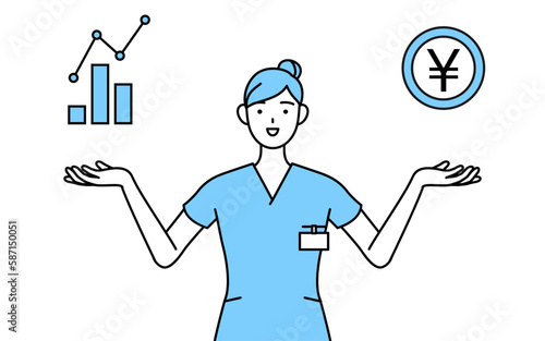 DXのイメージ、業績と売上の向上を案内する女性看護師、理学療法士、作業療法士、言語聴覚士、看護助手