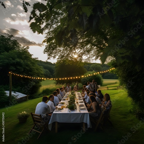 people at long table enjoying a spring banquet and food, friends and family, ai generated