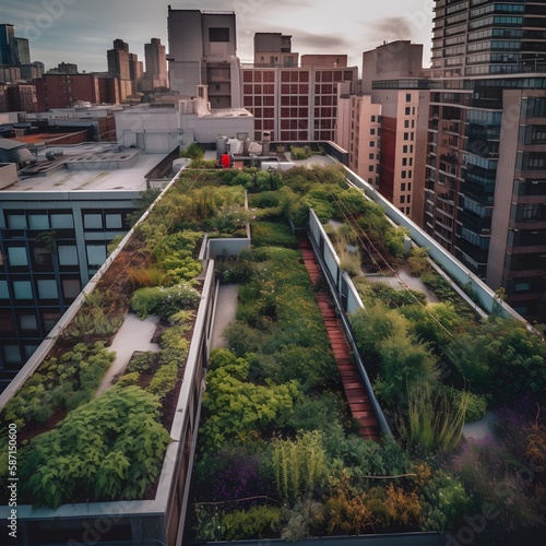 eco friendly green spaces grown on top of structurs in the city, ai generated photo