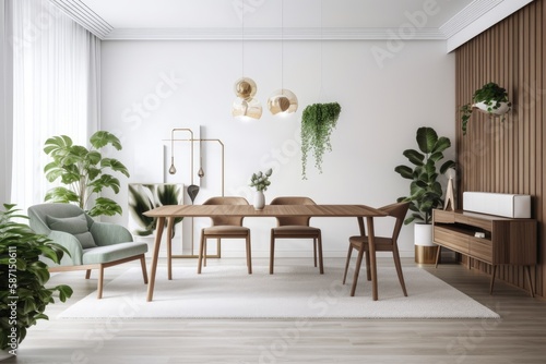 modern dining area with hardwood furnishings and a white living room. Generative AI © AkuAku