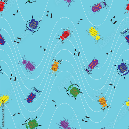 Music notes and beetles with waving lines seamless pattern on blue background.