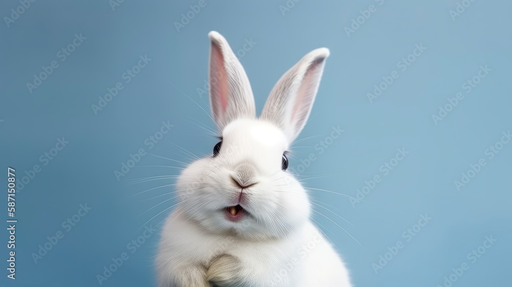 Obraz premium A white rabbit sits on a blue background. Generative AI