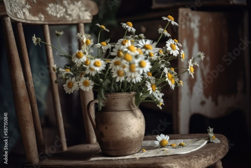 Daisy blooms on rustic chair. Countryside summer decor. Modern ceramic vase with daisies in sunny environment. Copies. Generative AI