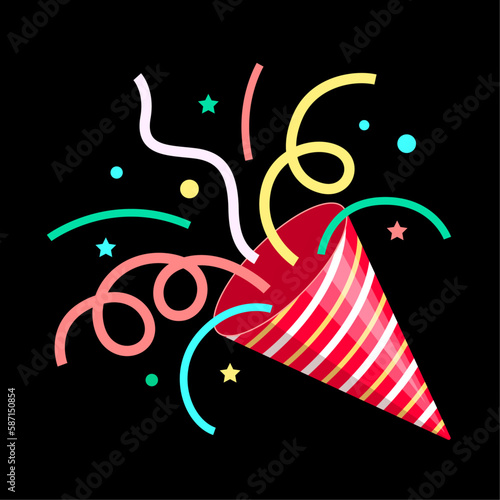 Party Popper. Exploding festive Popper with confetti. The element of celebrating a new year, birthday and any holiday. Flapper for celebration decoration design emoji. Flat icon. Party confetti