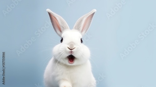 A white rabbit sits on a blue background. Generative AI © Catrat