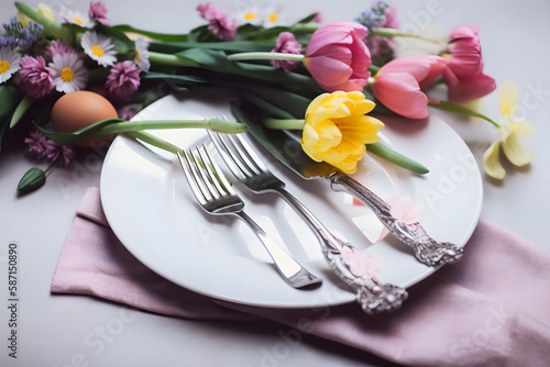 a plate with a fork, knife and some flowers 