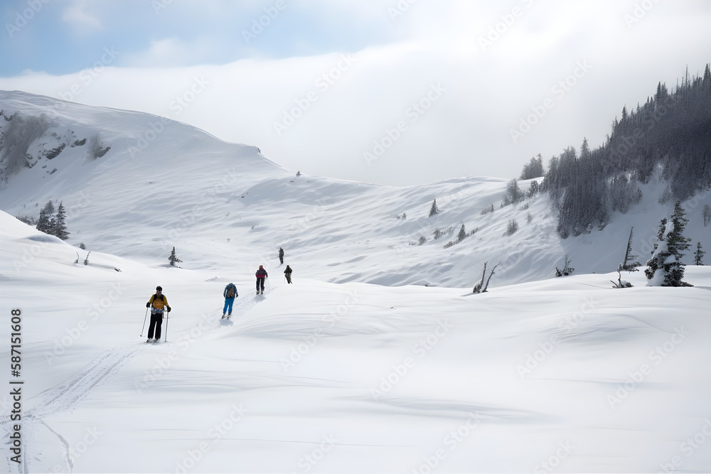 a group of people riding skis down a snow covered slope 