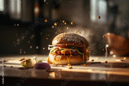 Realistic burger with vegetables on table