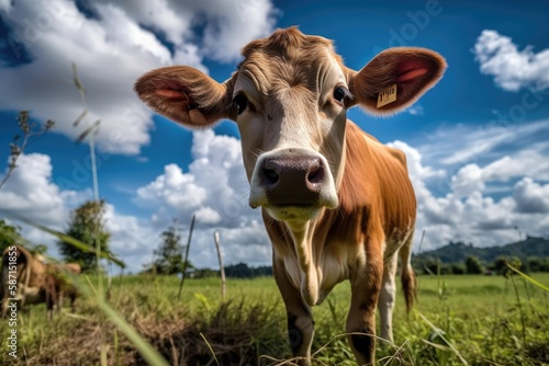 This is the calf in Thailand's tropical region. The raising of cattle is a second line of work for Thai farmers. Beautiful clouds and lovely sky are in the background. Generative AI
